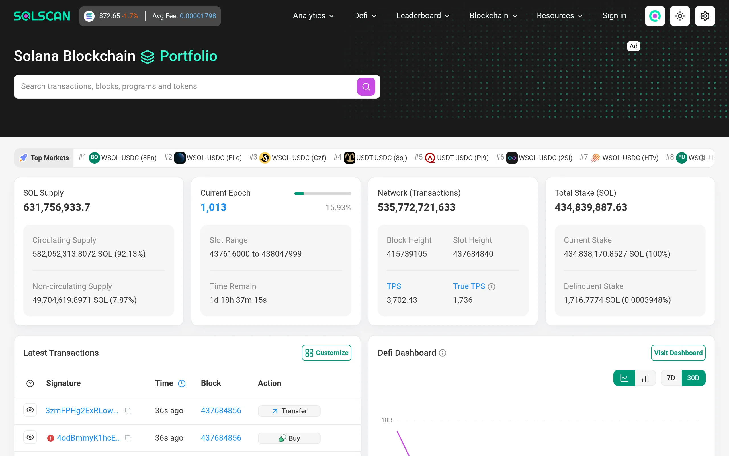 Solscan, the Solana block explorer used to verify whether a transaction landed, failed, or never broadcast
